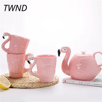 

Pink flamingo teapot cup sets ceramic coffee pot mugs creative cups and mugs coffeeware drinkware
