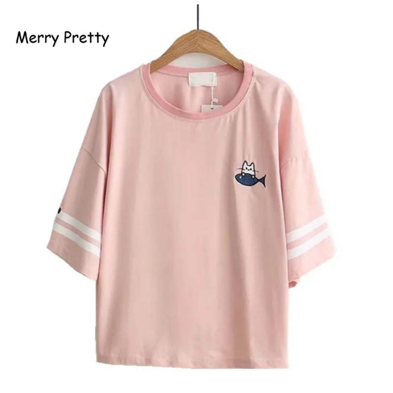 

Merry Pretty Harajuku kawaii t shirt women t-shirt cotton tee kawai cat fish emberoidery funny tee tops shirt camiseta tassels