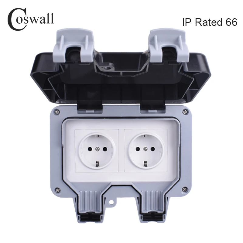 Coswall IP66 Всепогодная Водонепроницаемая наружная настенная розетка 16А двойная Европейская стандартная электрическая розетка с заземлением переменного тока 110~ 250 В