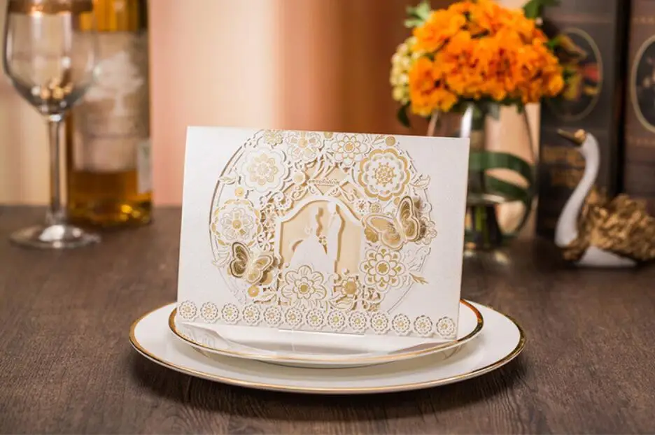 Customized White&ampGold Laser Cut Floral Wedding Party Invitation Card Bride &ampGroom Marriage Invitations 100PCS Express Shipping | Дом и