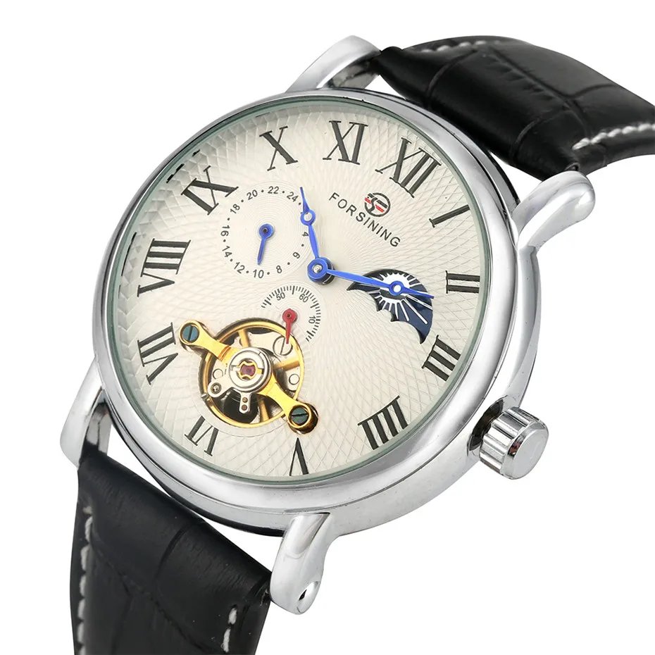 

Business Men's Watch Tourbillon Mechanical Self Winding Genuine FORSINING Male Leather Wristwatches Roman Numerals Display Dial