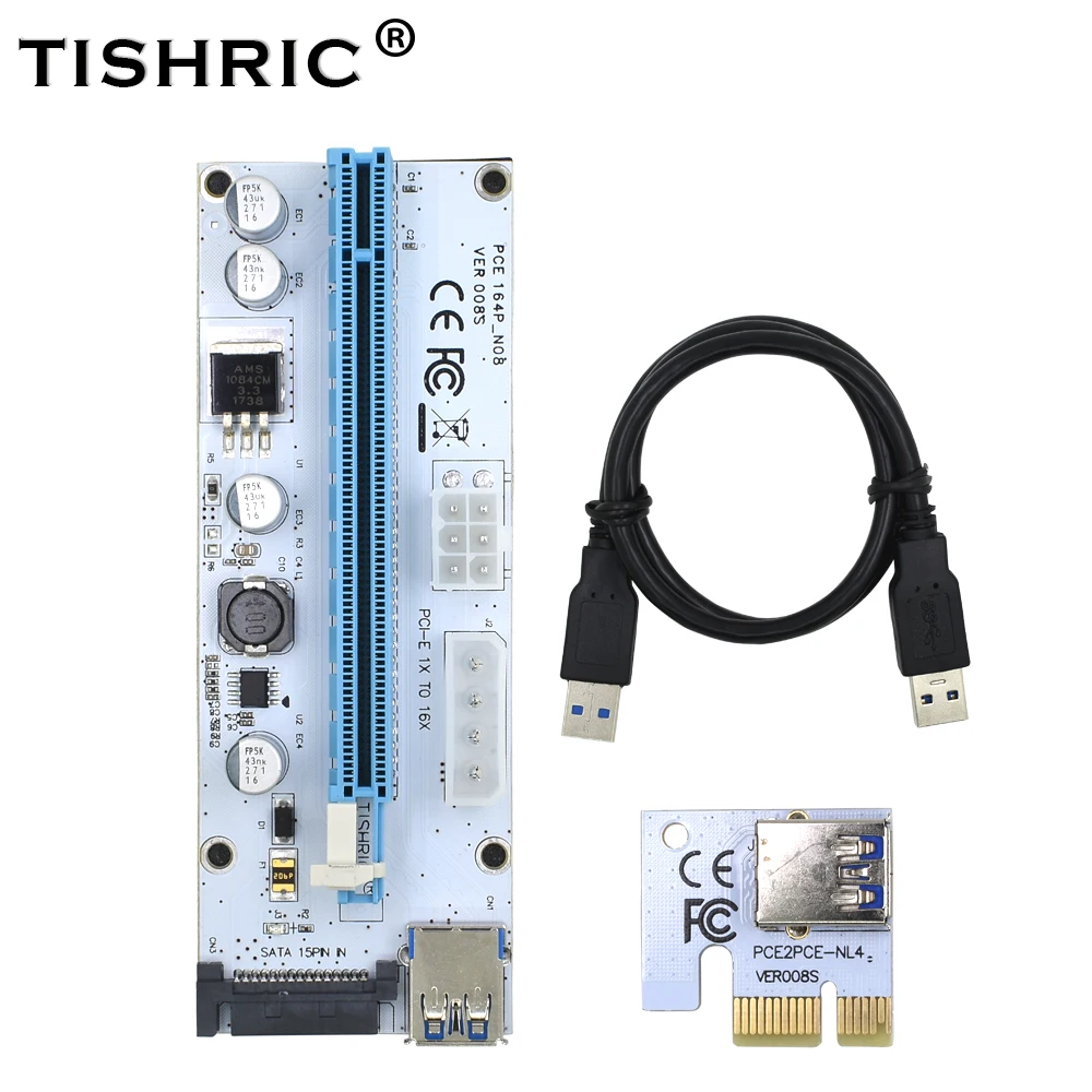 

TISHRIC VER008S 3 in 1 Molex 4Pin SATA 6PIN PCI Express PCIE PCI-E Riser Card 008s 1x to 16x USB 3.0 For Mining Bitcoin Miner