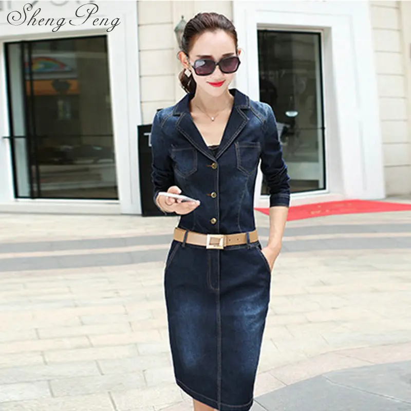 

Women Office Suit Denim dresses women fall 2018 fashion dress women jeans dresses 2018 Long Sleeve Work Style CC467