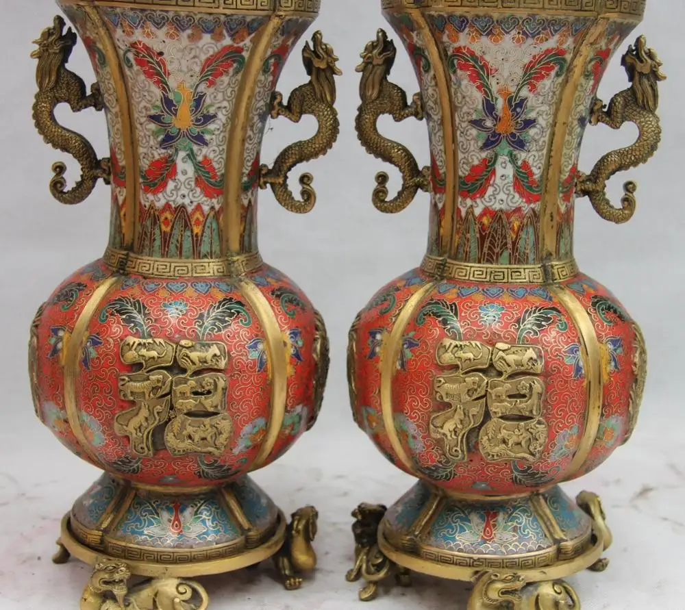 

Chinese Old Copper Bronze Cloisonne Enamel Dragon Beast bliss Jar Pot Vase Pair