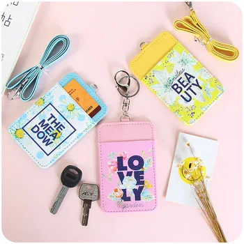 

Flower PU Leather Bus Cards Case Girls ID Bank Credit Card Holder Female Lanyard Key Ring Badge Cover Protector