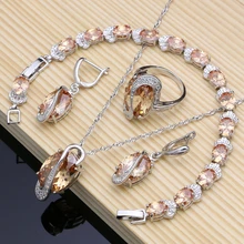 Серебро 925, свадебные ювелирные изделия, цвета шампанского, циркон, Ювелирные наборы для женщин, серьги/кулон/кольца/браслет/ожерелье, набор