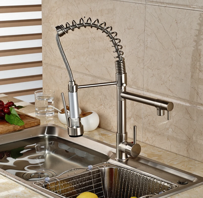 Brushed Nickel Dual Swivel Spout Spring Kitchen Sink Faucet Pull Down Spray Mixer Tap