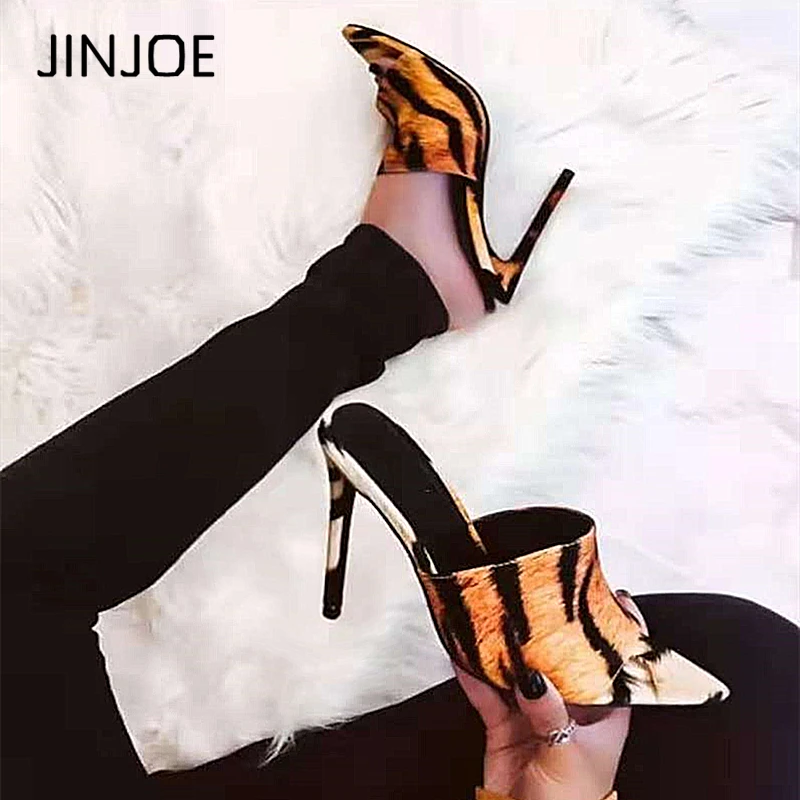 

JINJOE shoes woman Leopard Print Sandals Open Toe High Heels Women Thin Heels Slippers Heel Clear Sandals Pumps Color pattern