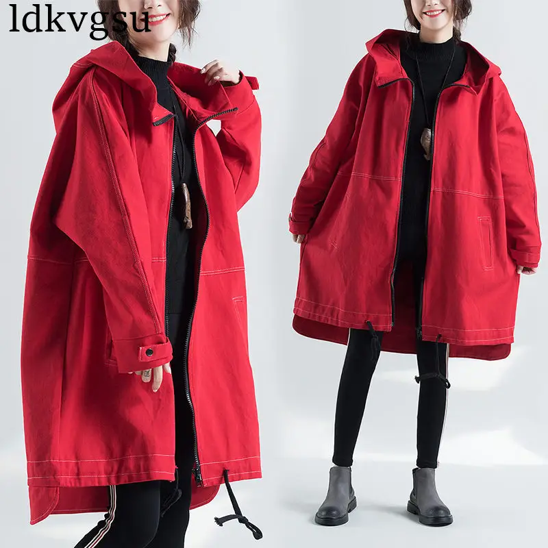 

2018 High Quitly Trench Coat For Women Plus Size Women's Long Windbreaker Spring Autumn Female Loose Red Color Hooded Coat A1355