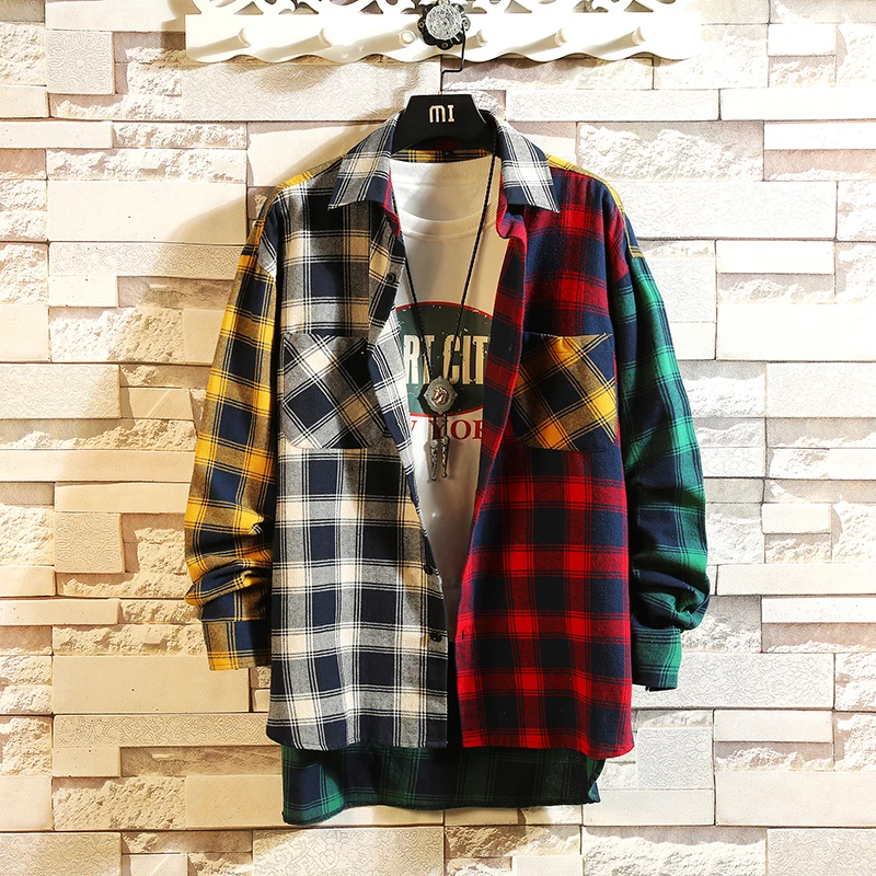 Kopen Lente persoonlijkheid Koreaanse versie van de trend van kleur bijpassende plaid shirt mannen casual hip hop losse lange  mouwen 5XL