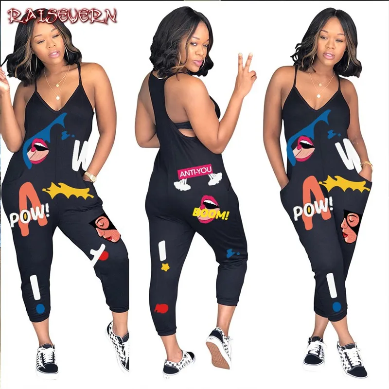 

RAISEVERN New Women Fashion Funny Letter Lips Print Spaghetti Strap Black Jumpsuit Sexy Sleeveless V-Neck Cotton Casual Rompers
