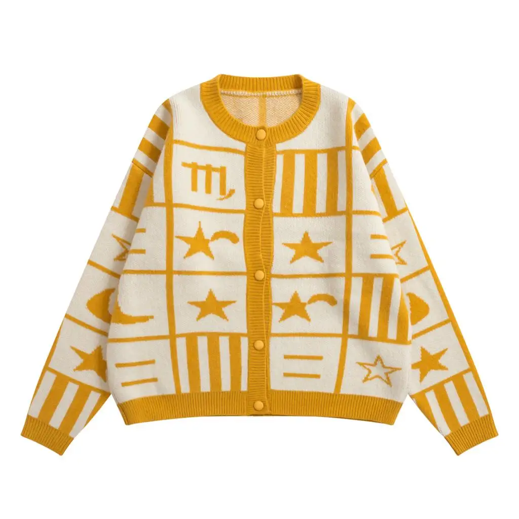 Femmes Chaud Vintage Tricot Manteau Style Hiver Jaune Japon Étudiants Fille Chandail Automne Géométrique Cardigan Adolescente Survêtement CxBordeW
