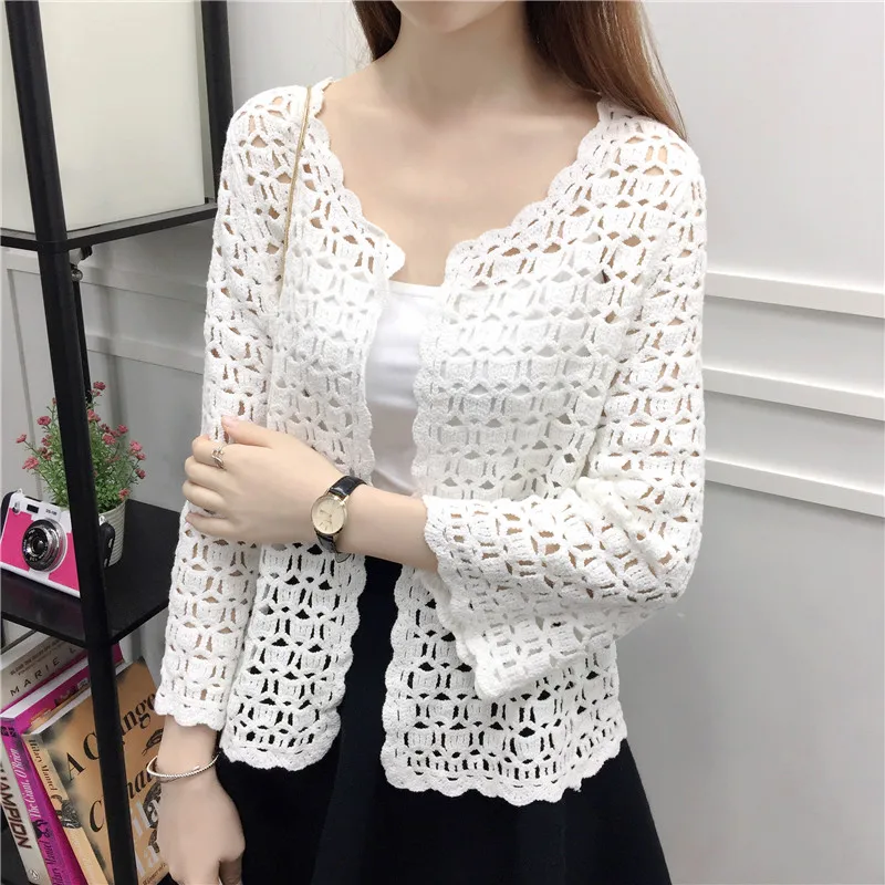 

2019 Spring Summer Crochet White Lace Blouse Women Fashion Tops Sexy Hollow Out Knitted Cardigan Chemise Femme 32J3