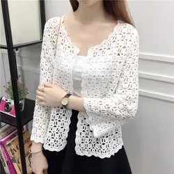 2019 Spring Summer Crochet White Lace Blouse Women Fashion Tops Sexy Hollow Out Knitted Cardigan Chemise Femme 32J3 2019 Spring Summer Crochet White Lace Blouse Women Fashion Tops Sexy Hollow Out Knitted Cardigan Chemise Femme 32J3