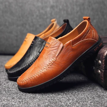 

Men Plus Size Shoes Summer Leather Breathable Fashion Flat Round Toe Casual Shoes Men Solid Leather Business Driving Shoes