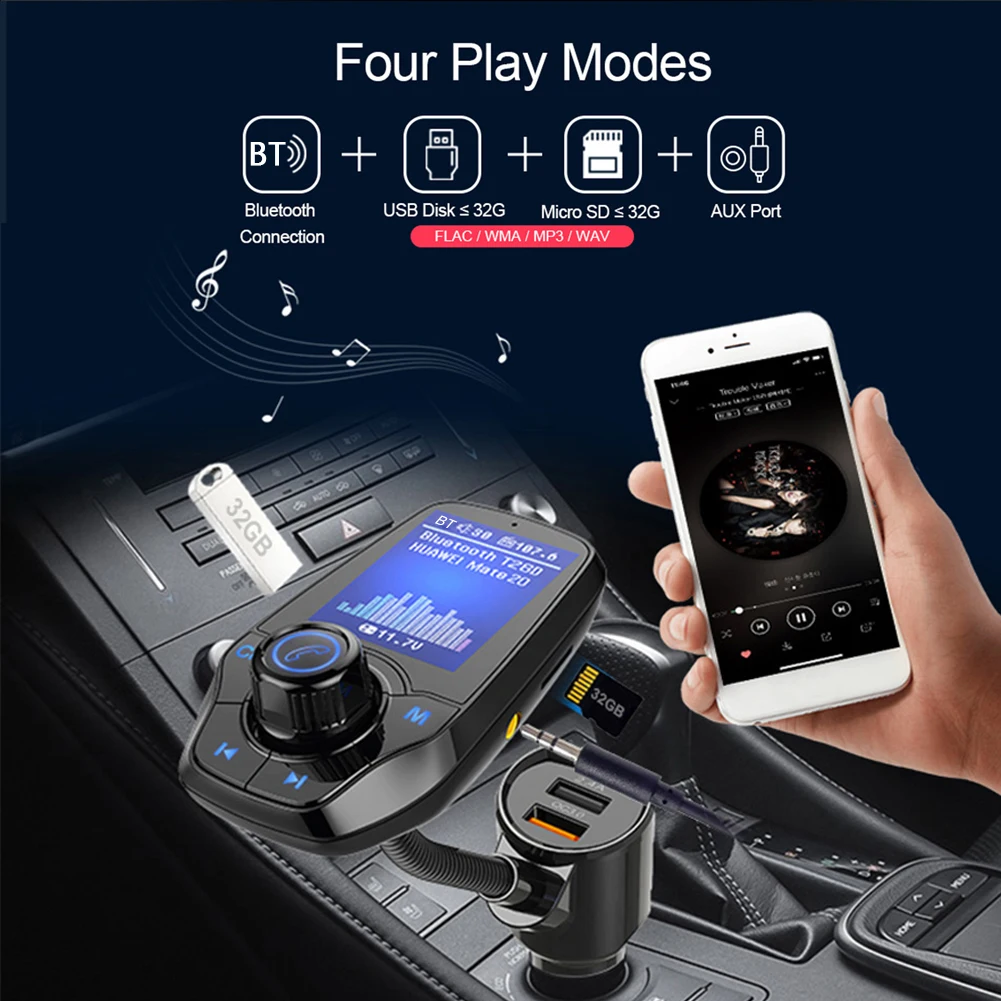 1," цветной экран Bluetooth fm-передатчик автомобильный Bluetooth адаптер QC3.0 и 5 В/2.4A AUX in и AUX out