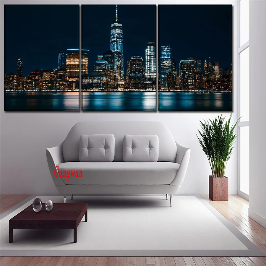

3 Piece diamond mosaic New York Night Cityscape Lake Reflections diamond painting cross stitch embroidery with diamond picture