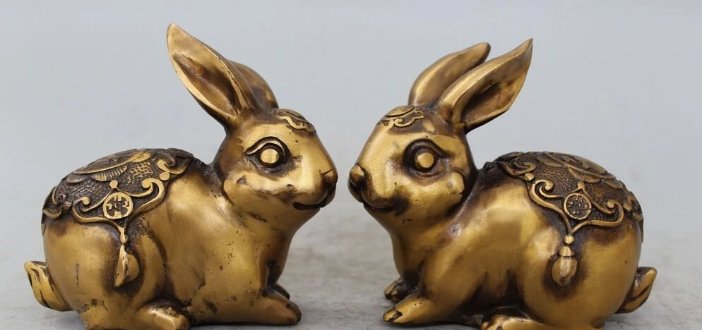 

5" Chinese Copper Animal Fu Wealth Fengshui Zodiac Year Rabbit Sculpture Pair