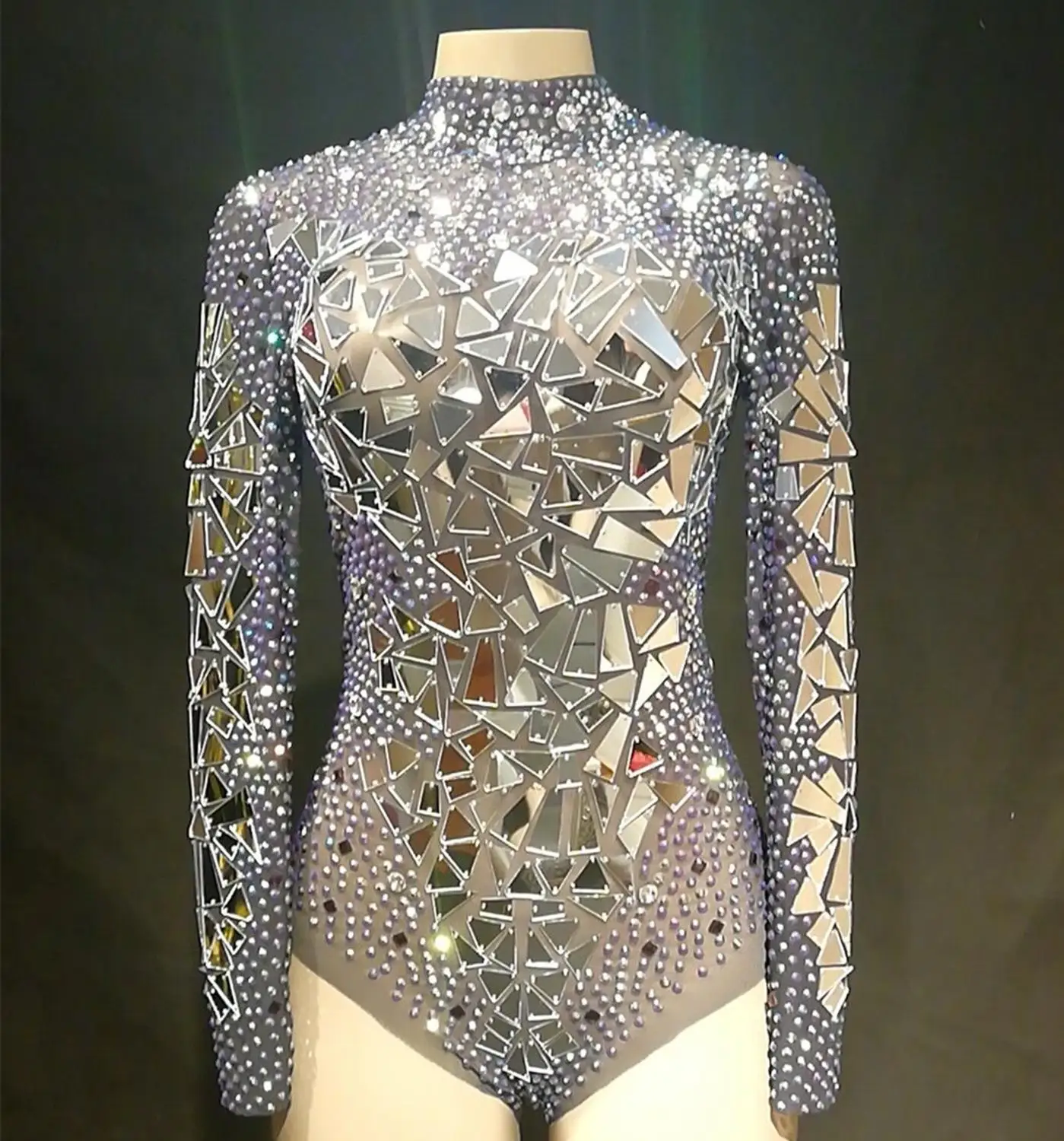 

2019 Sexy Transparent Net Costume Stage Dance Wear Mirrors Stones Mesh Bodysuit Leotard Dance Performance Costume YOUDU