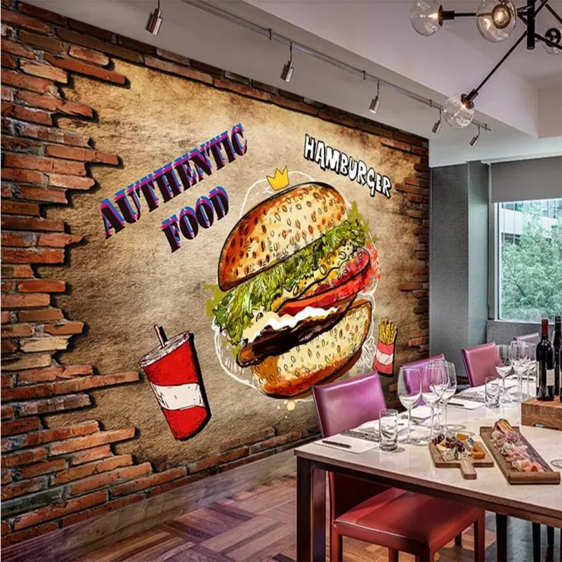 

Custom wallpaper mural fast food restaurant burger food tooling background wall high-grade wall cloth