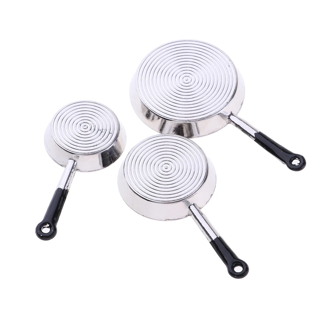 3Pcs 1/12 Dollhouse Miniature Pots and Pans Kitchen Cookware Set Toy Kitchen Cooking Accessories With Utensils Playset Silver