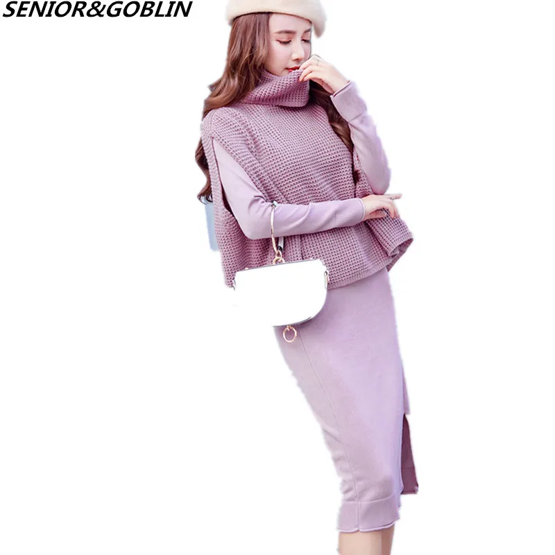 

New Women Pullovers Sweaters Autumn Winter Runway Turtlenect Long Sleeve Women Casual Knitted Sweater Dress Two Piece Set S-XL