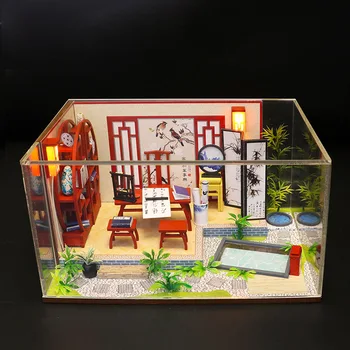 

Chinese Style Miniature Dollhouse Wooden Puzzle Model Furniture Kits DIY Dolls House Lights Set Birthday Gift For Kids