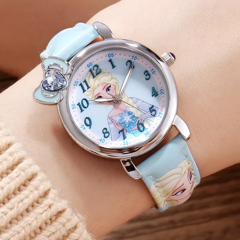 Disney Frozen Elsa Princess Cute Girls Bowknot Snowflake Leather Quartz watch Pretty student Kids Cartoon Clock Children Gift
