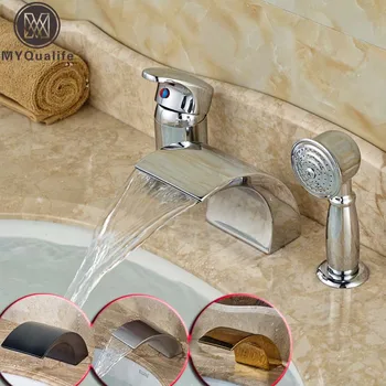 

Chrome Curved Waterfall Spout 3 pc Bathtub Faucet Set Single Handle Widespread with hand Shower Deck Mounted 5-colors for Choice