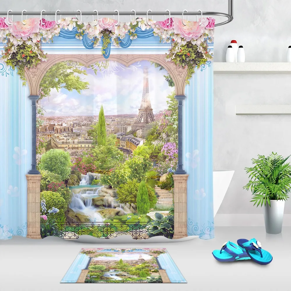 

Europe Arch Flower Shower Curtain Set With Rug Paris Scenery Bathroom Waterproof Eco-Friendly Polyester Fabric For Bathtub Decor