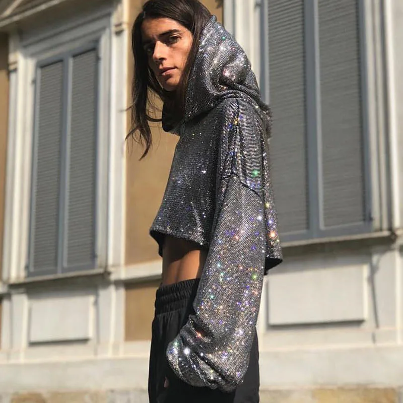 

JSMY New Women's INS Style Laser Color Glitter Expose Navel Sexy Loose Long Sleeve Sweatshirt Casual Pullover Hooded Top