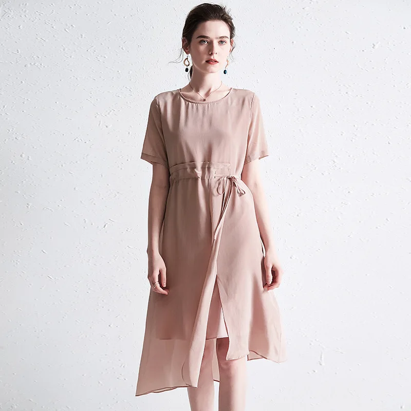 

Dress 2019 Summer Women's Fashion 100% Natural Silk Round Neck Short Sleeves Drawstring Waist Solid Color Slim Irregular Dress