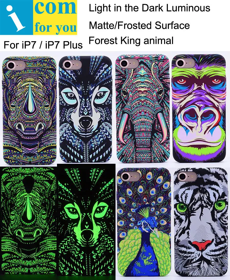 

Tiger Lion Wolf Elephant Pug Leopard Owl gorilla Rabbit Cover Case For iPhone 7 Plus Light Glow in the Dark Night Luminous