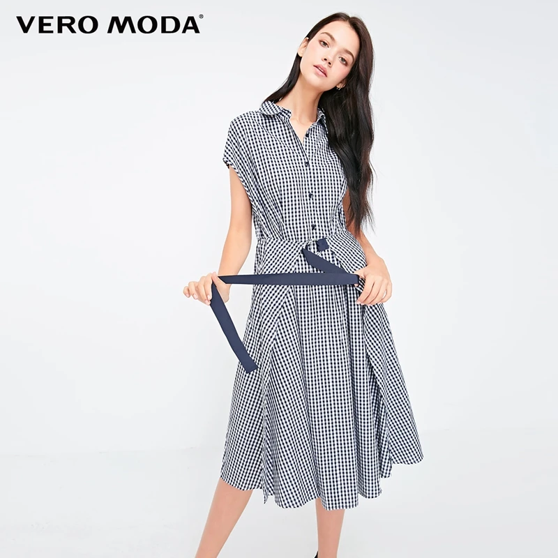 

Vero Moda 2019 New Women's Plaid Waist Belt Sleeveless Shirt Collar Shirt Dress | 3183SZ501