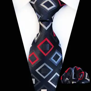 

SKng New Blue Red Plaid Silk Tie Jacquard Woven Paisley Necktie Gravata Handkerchief Set Pocket Square Men Tie Suit Business