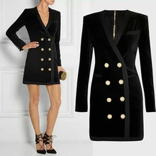 Роскошная модная подиумная женская черная двубортная бархатная куртка с v-образным вырезом приталенный Блейзер с золотыми пряжками