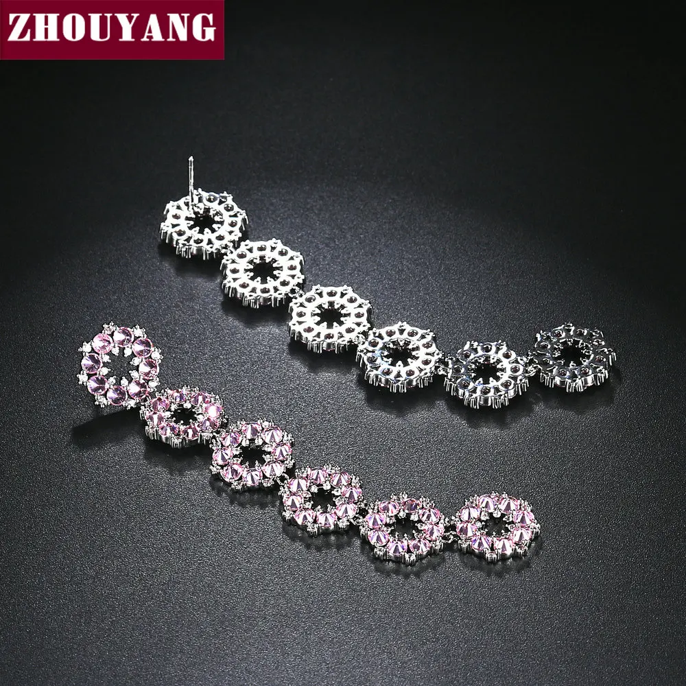 ZHOUYANG Drop Earring For Women Romantic Style Delicate Pink Flower Circle Cubic Zirconia Silver Color Gift Fashion Jewelry E274