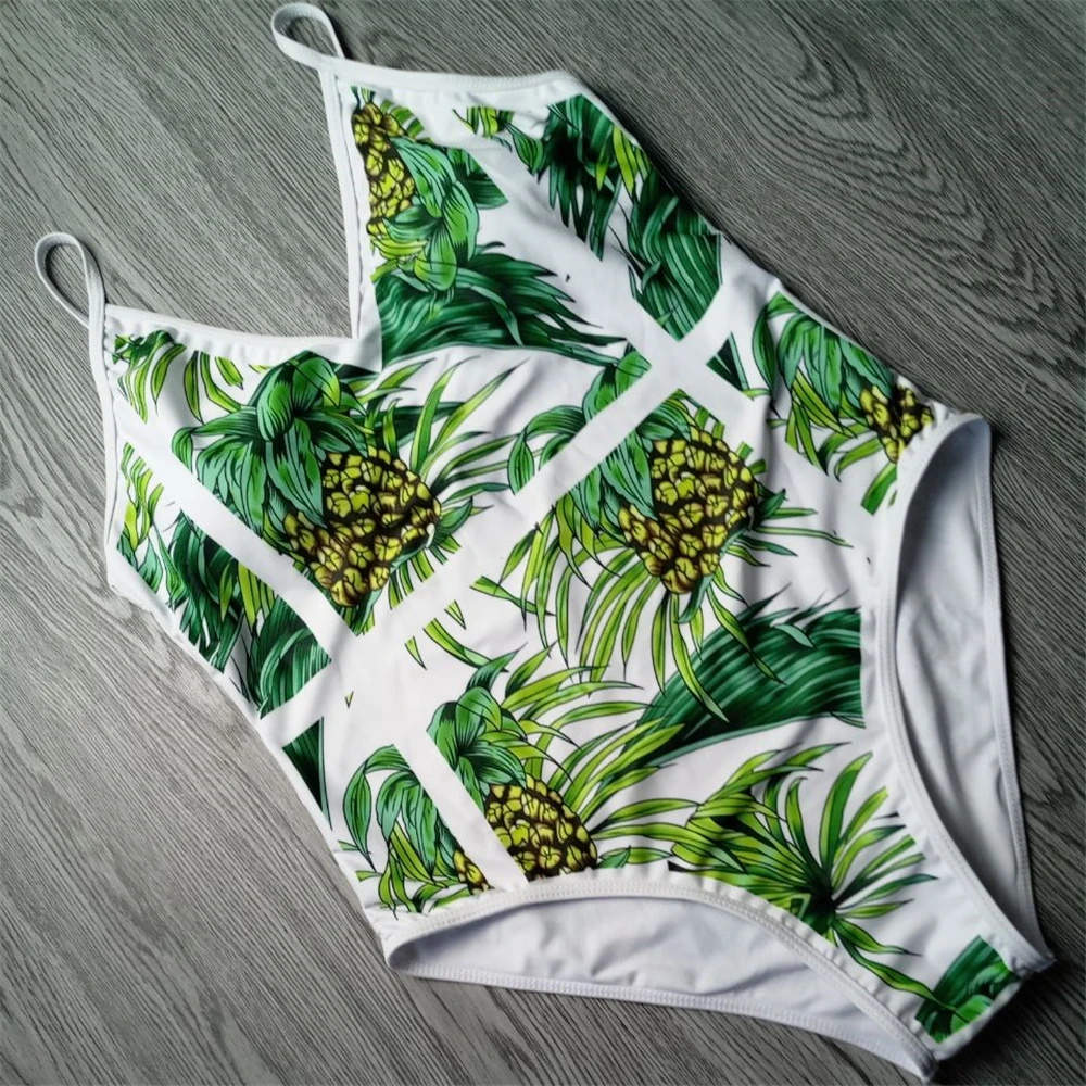 

2019 Green Leaf Printing One Piece Swimsuit for Women Monokini Modest Belly Cover Slim Bodysuit Push Up Swimwear Bathing Suit