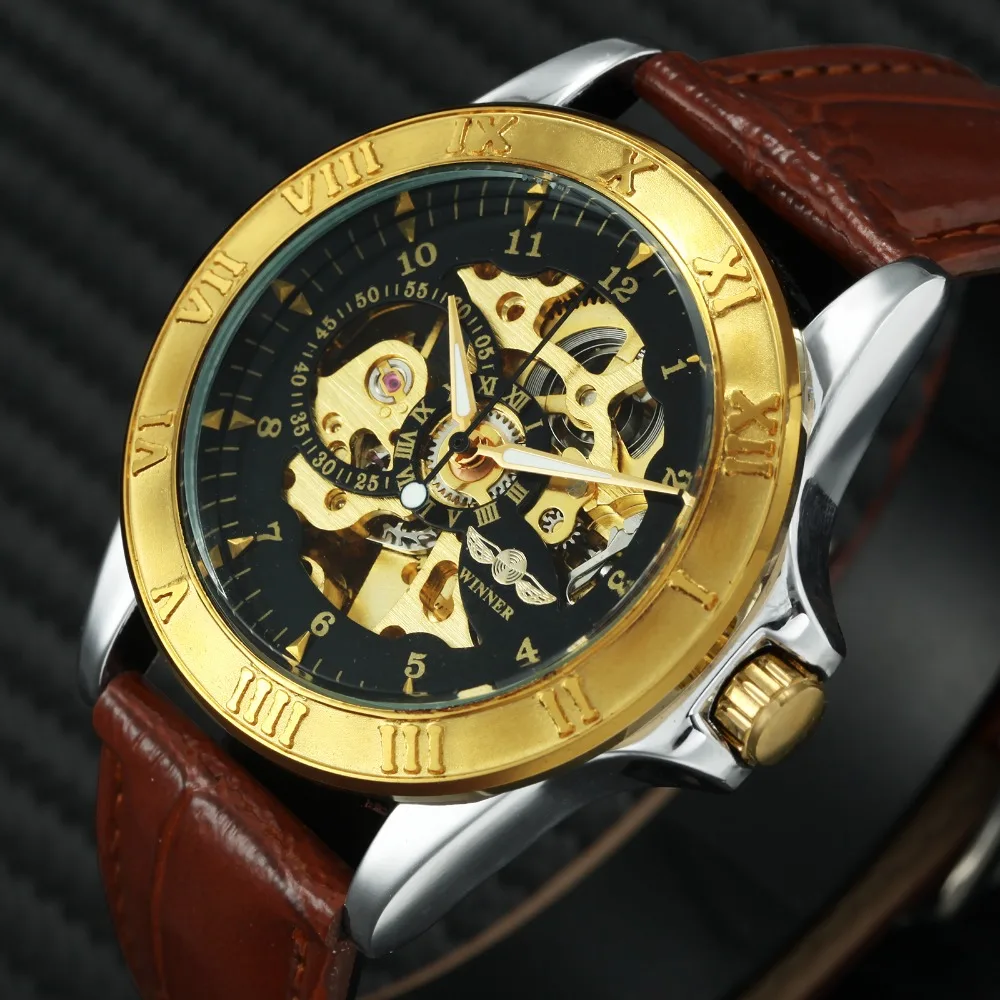 

2019 WINNER Unisex Men Women Automatic Mechanical Watch Golden Roman Design Round Case Leather Watchband Skeleton Wristwatch