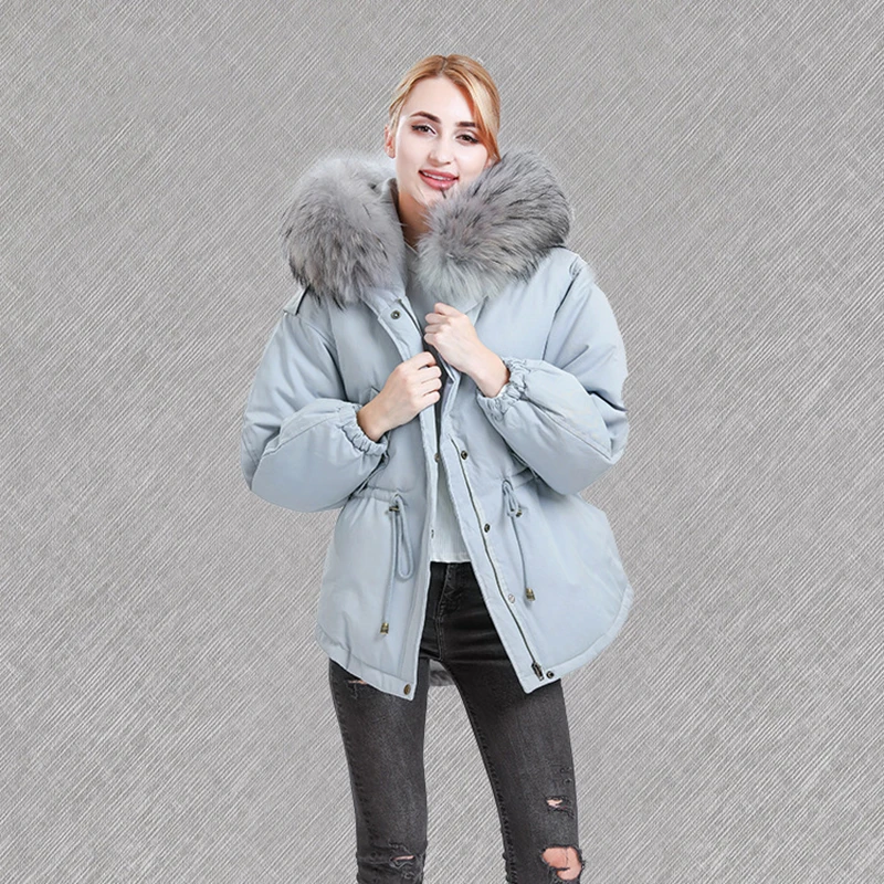 

Women's Winter Down Jackets Natural Raccoon Fur Collar Hooded Short Coats Winter Thicken Warm Detachable Fur Collar Jacket Parka
