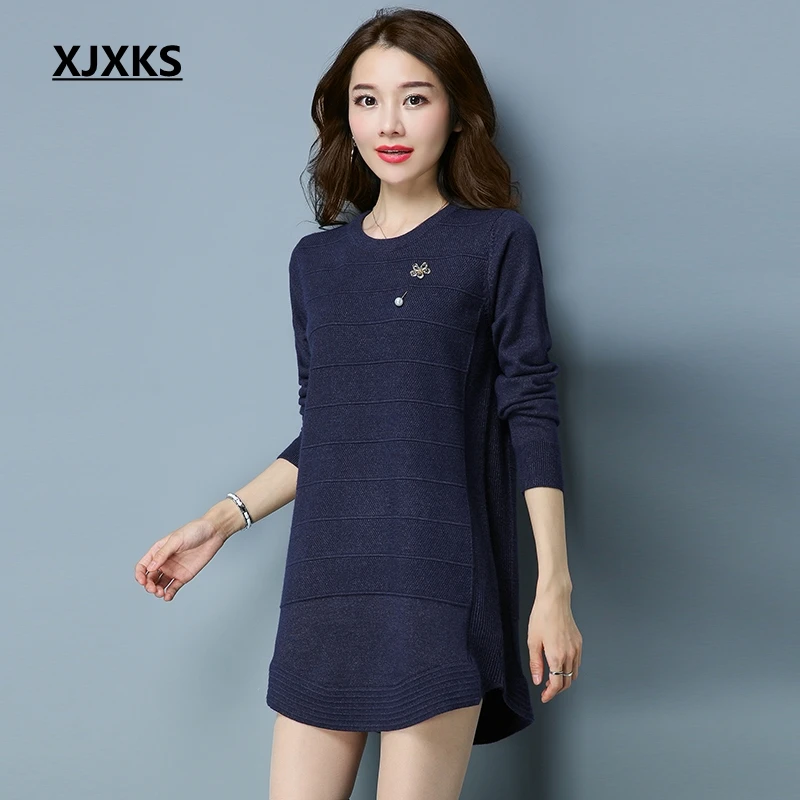 

XJXKS New 2019 Large Size Long Sweater Women Sweaters Autumn And Winter Round Neck Loose Long Pullover