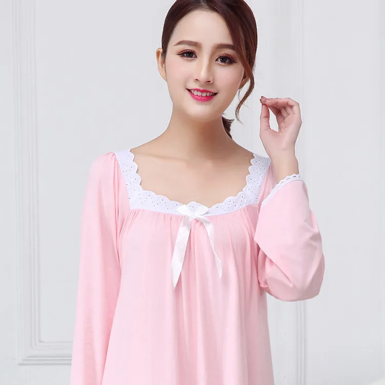 Весенний модальный длинный рукав свободная длинная ночная рубашка корейское платье для сна Розовая белая принцесса размера плюс женская сексуальная ночная рубашка