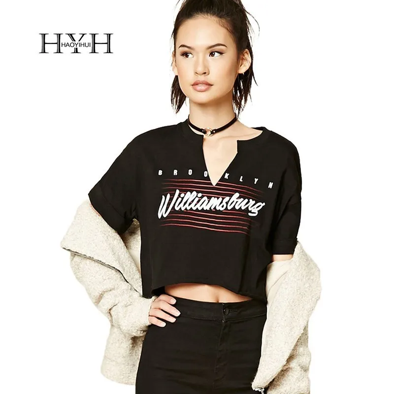

HYH HAOYIHUI Fashion Simple Black Short Front Long Back Sexy Style Street Half Sleeve V-Collar Letter Printed Pull On T-shirt