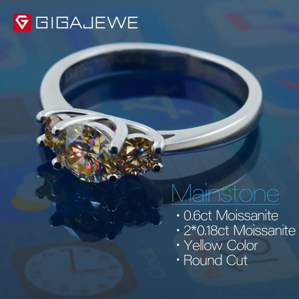 GIGAJEWE Moissanite 1ct 5,5 мм+ 2X3,5 мм круглая огранка желтого цвета 925 Серебряное кольцо золотое многослойное покрытие модный подарок для девушки