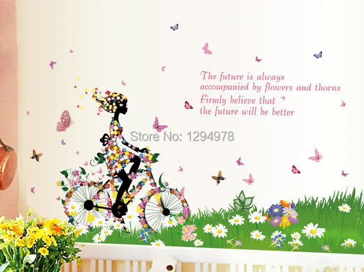 High Quality ! Bicycle Girl Butterfly Flower 1140*80cm DIY Removable