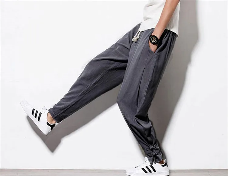 Китайский стиль лето осень хлопок льняные брюки шнурок талии мужские брюки повседневные брюки с пуговицами Большие размеры M-6XL