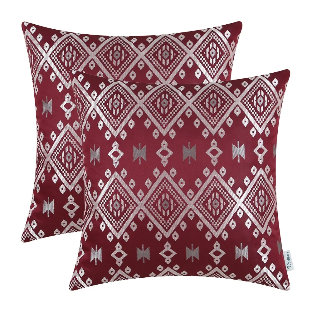 

2PCS CaliTime Cushion Covers Pillow Cases for Couch Sofa Home Decor Vintage Southwestern Geometric 18"X18" Burgundy