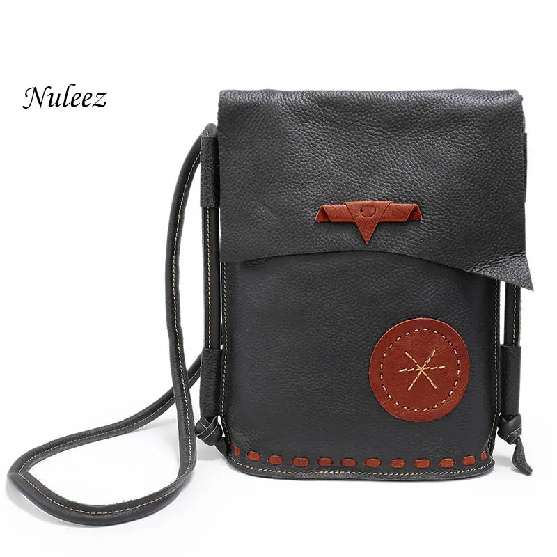 Bolsa de Ombro Nuleez Couro Genuíno Artesanal Mensageiro Bolsa Crossbody Balde Real Causal Bolsas Feminina 1215