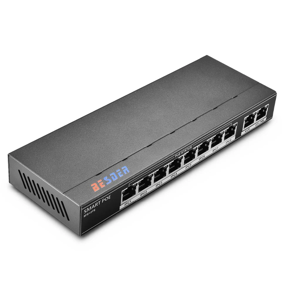 

BESDER 802.3af/at 8CH POE Switch 10 Port 10/100 Mbps CCTV Switch 250 signal transmission 8 POE Ports 1 NVR+ 1 Uplink Port 123.2W