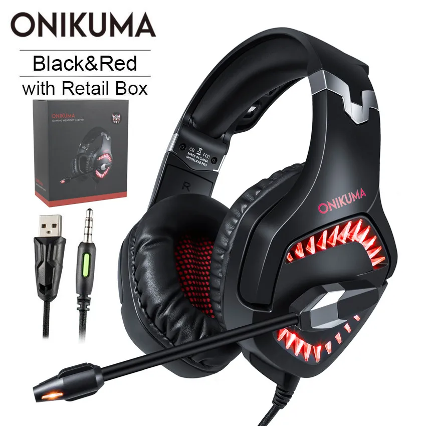 ONIKUMA K1 Pro PS4 игровая гарнитура ПК стерео наушники с гарнитурой шлем с микрофоном светодиодный светильник для нового Xbox One ноутбука планшета мобильного - Цвет: Red with Retail Box